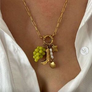Gold Charm Pendant Necklace with Lime Green Grape Charm R346
